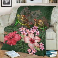 Hawaii Turtle Tropical Flower Premium Blanket - Deni Style - AH White - Polynesian Pride