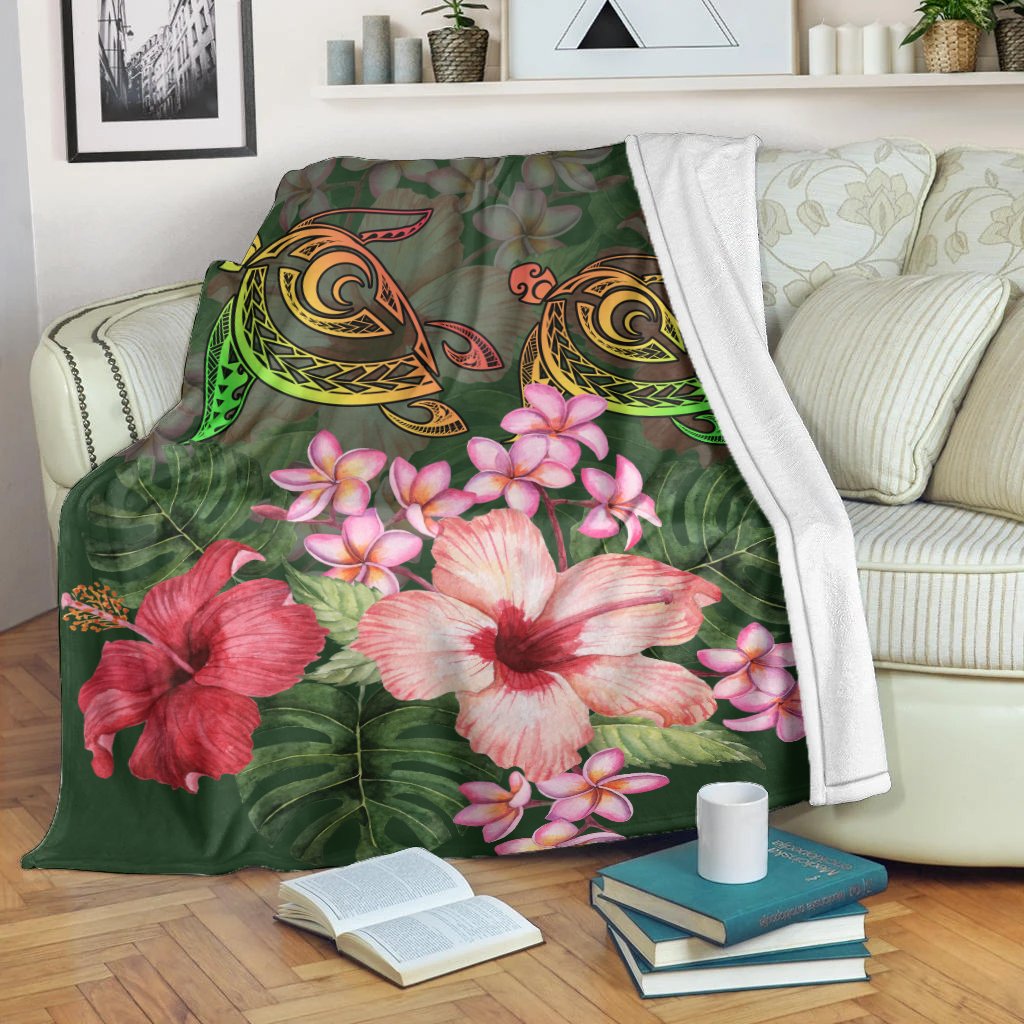 Hawaii Turtle Tropical Flower Premium Blanket - Deni Style - AH - Polynesian Pride