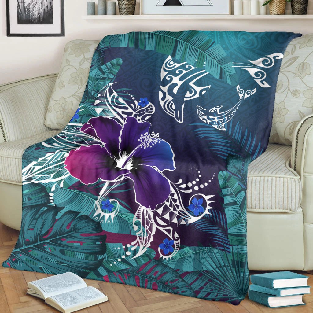Hawaii Dophin Flowers And Palms Retro Premium Blanket - AH - Polynesian Pride