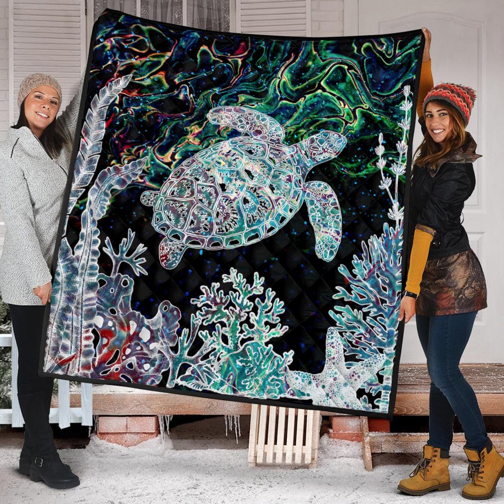 Hawaii Turtle Corals Shell Background Premium Quilt - AH - Polynesian Pride