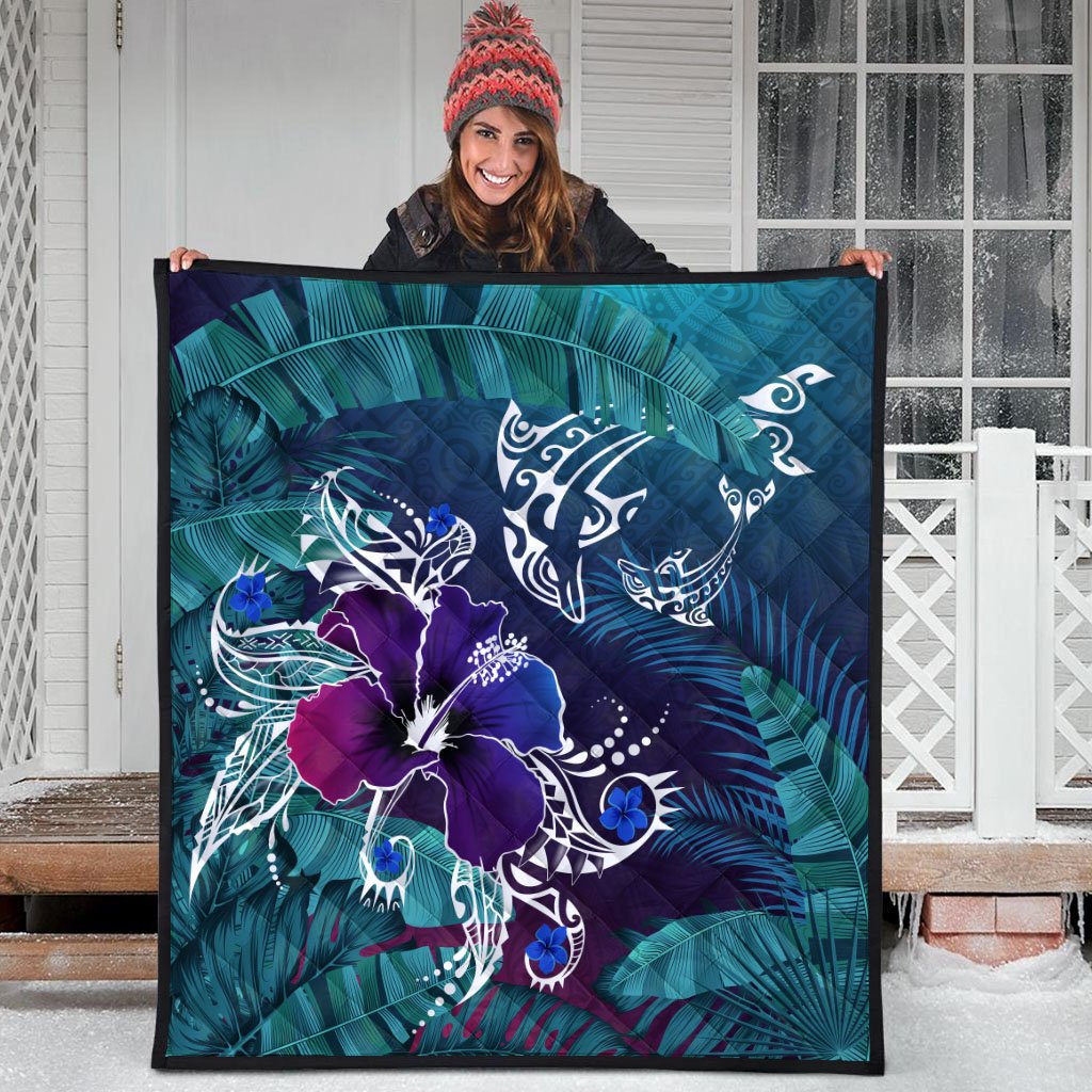 Hawaii Dophin Flowers And Palms Retro Premium Quilt - AH - Polynesian Pride