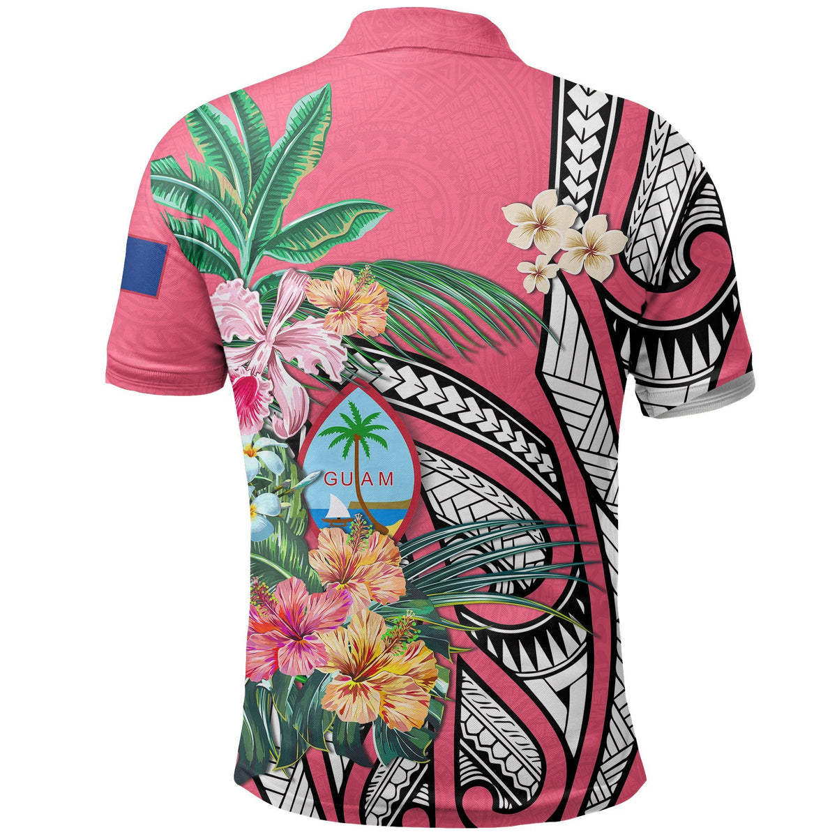 Guam Polo Shirt Coat Of Arms Polynesian With Hibiscus Pink - Polynesian Pride