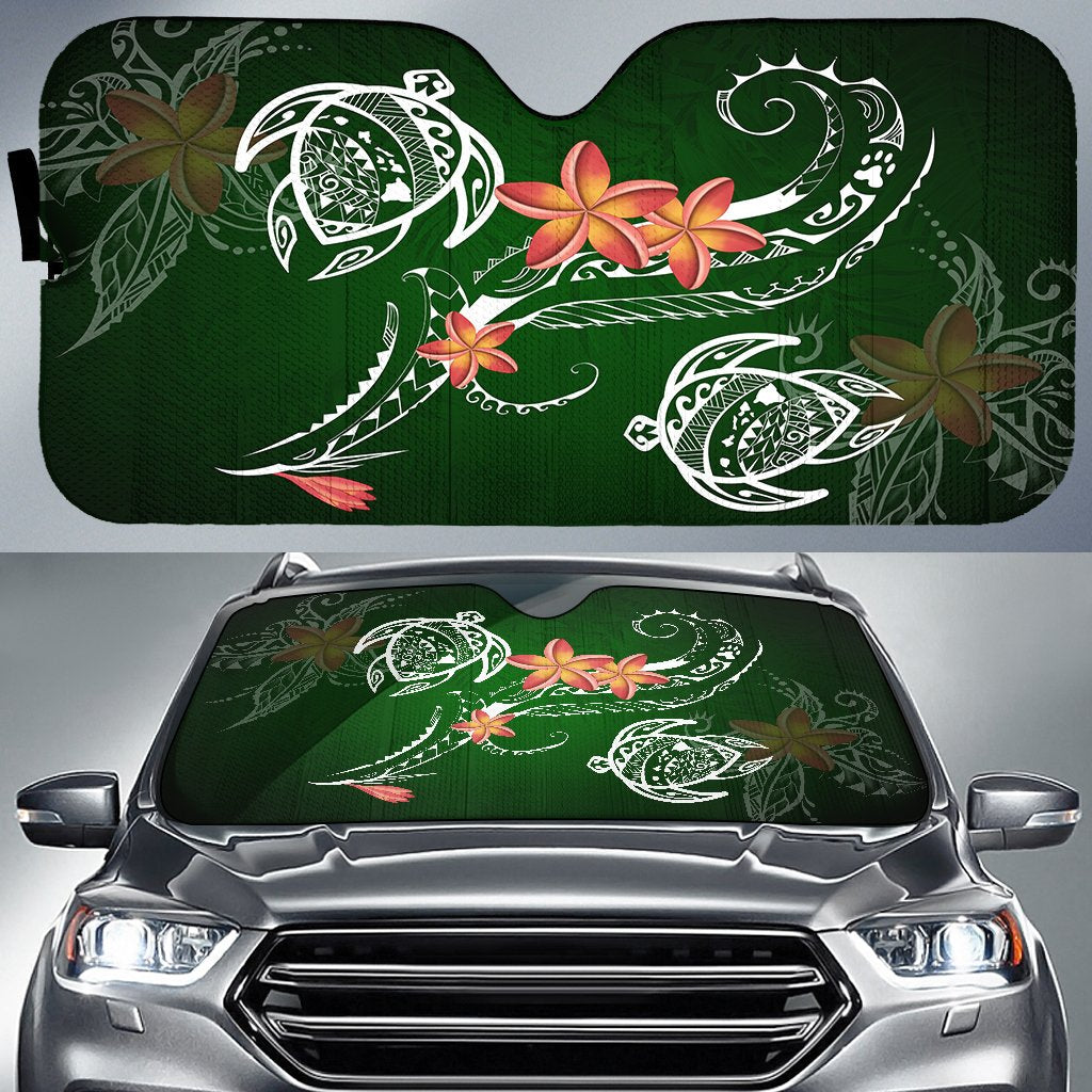 Hawaii Turtle Plumeria Polynesian Sun Shade - Luck Style - AH Auto Sun Shade Universal Fit Green - Polynesian Pride