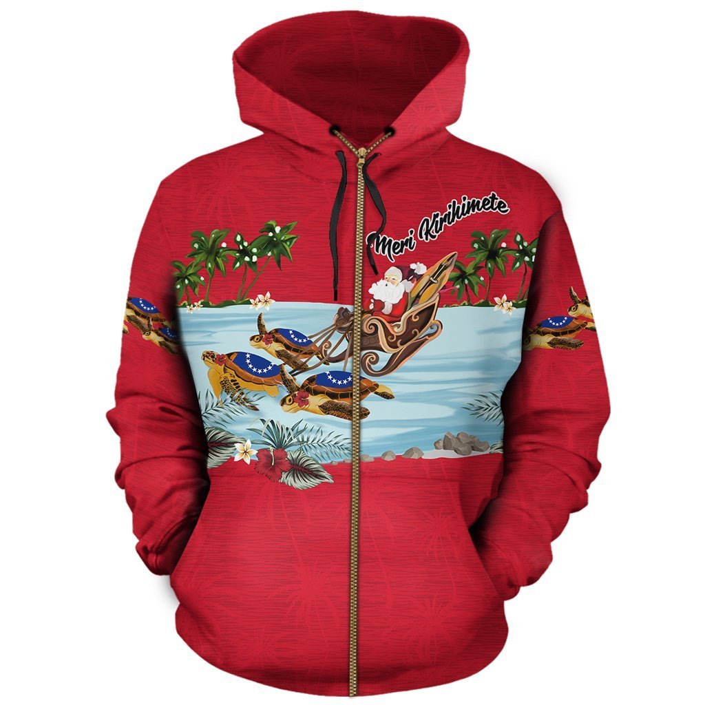 Cook Islands Hoodie Zip Turtle Christmas Red Unisex Black - Polynesian Pride