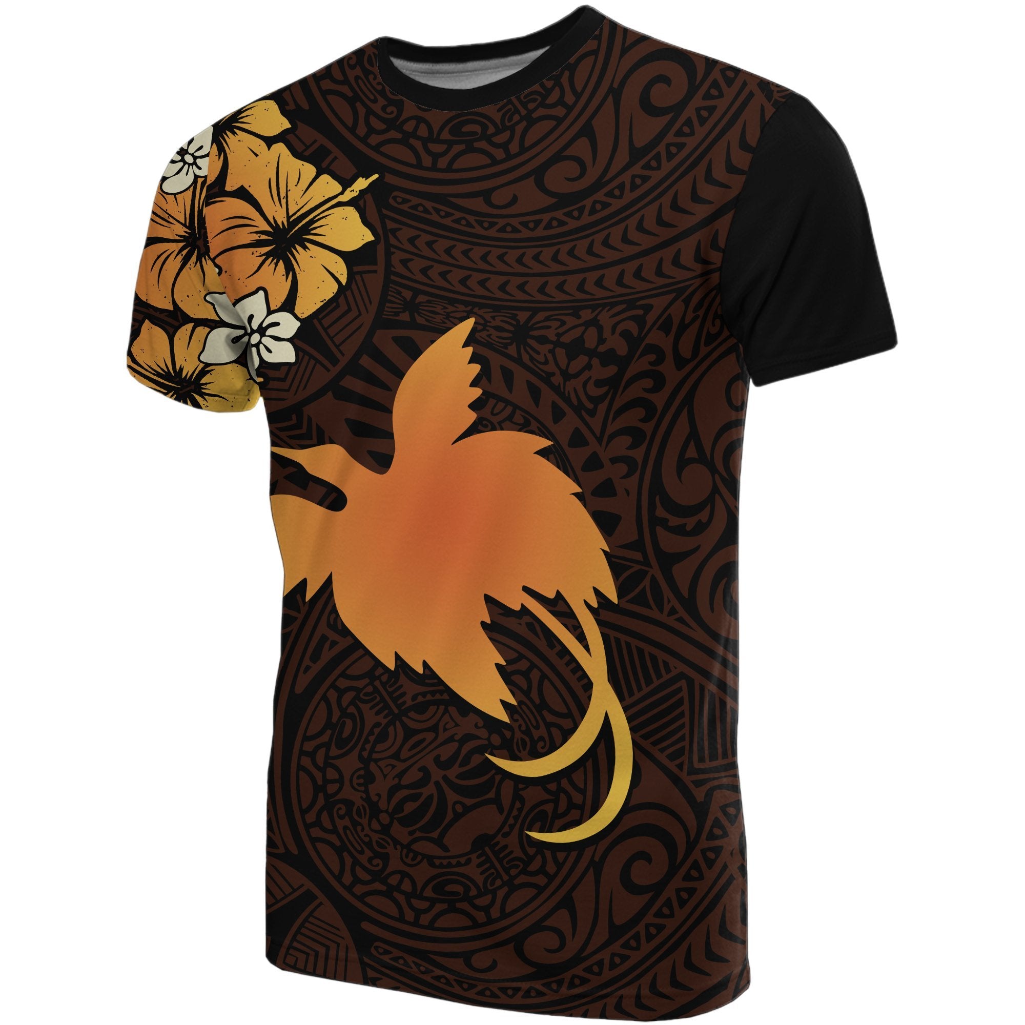 Papua New Guinea T Shirts Papua New Guinea tangerine Flag Hibiscus Unisex Black - Polynesian Pride