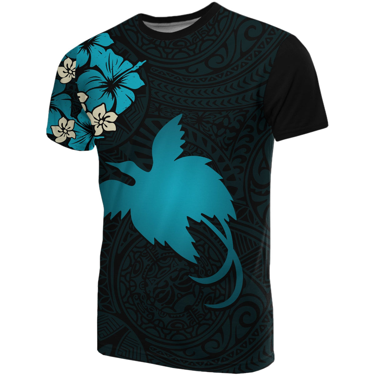 Papua New Guinea T Shirts Papua New Guinea Turquoise Flag Hibiscus Unisex Black - Polynesian Pride