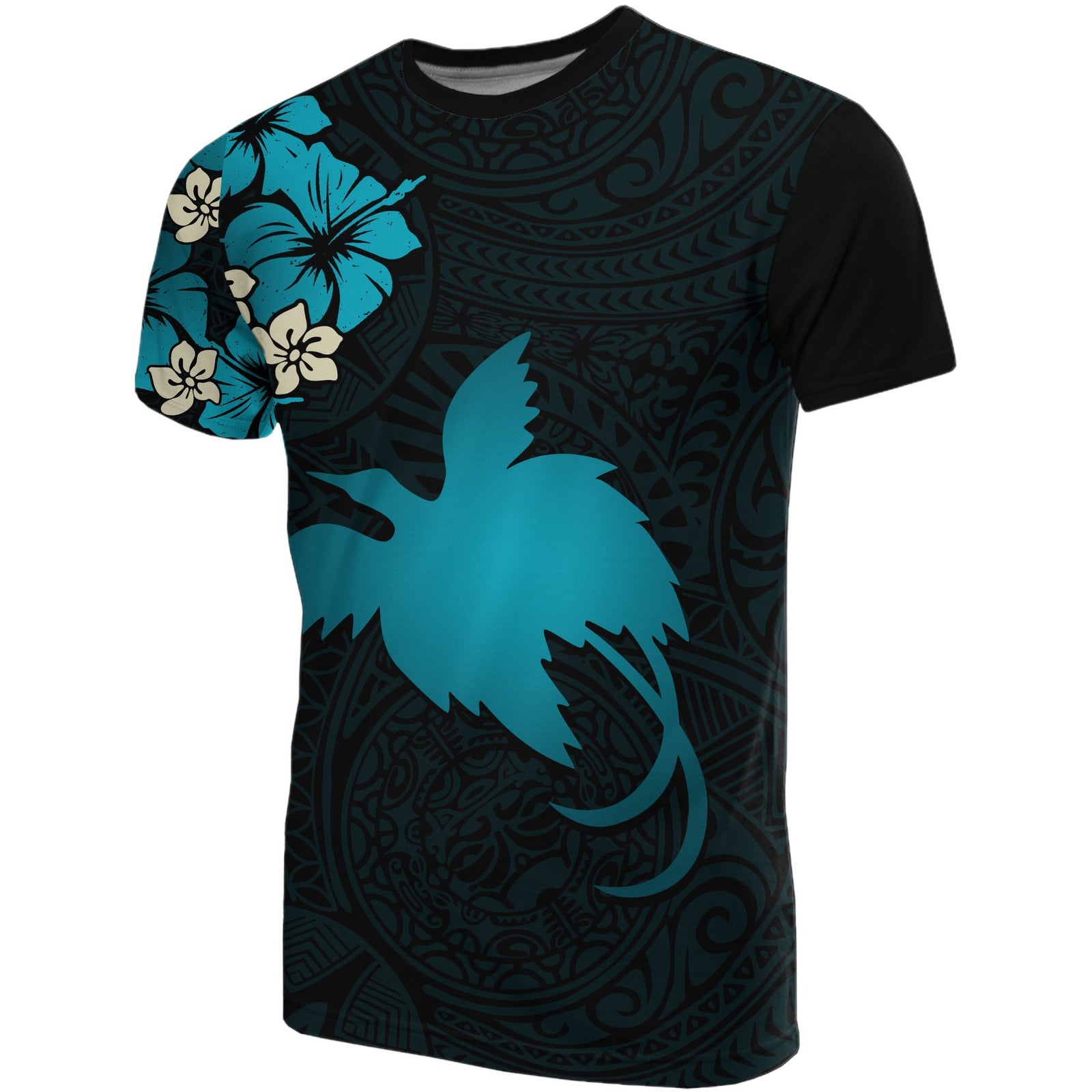 Papua New Guinea T Shirts Papua New Guinea Turquoise Flag Hibiscus Unisex Black - Polynesian Pride
