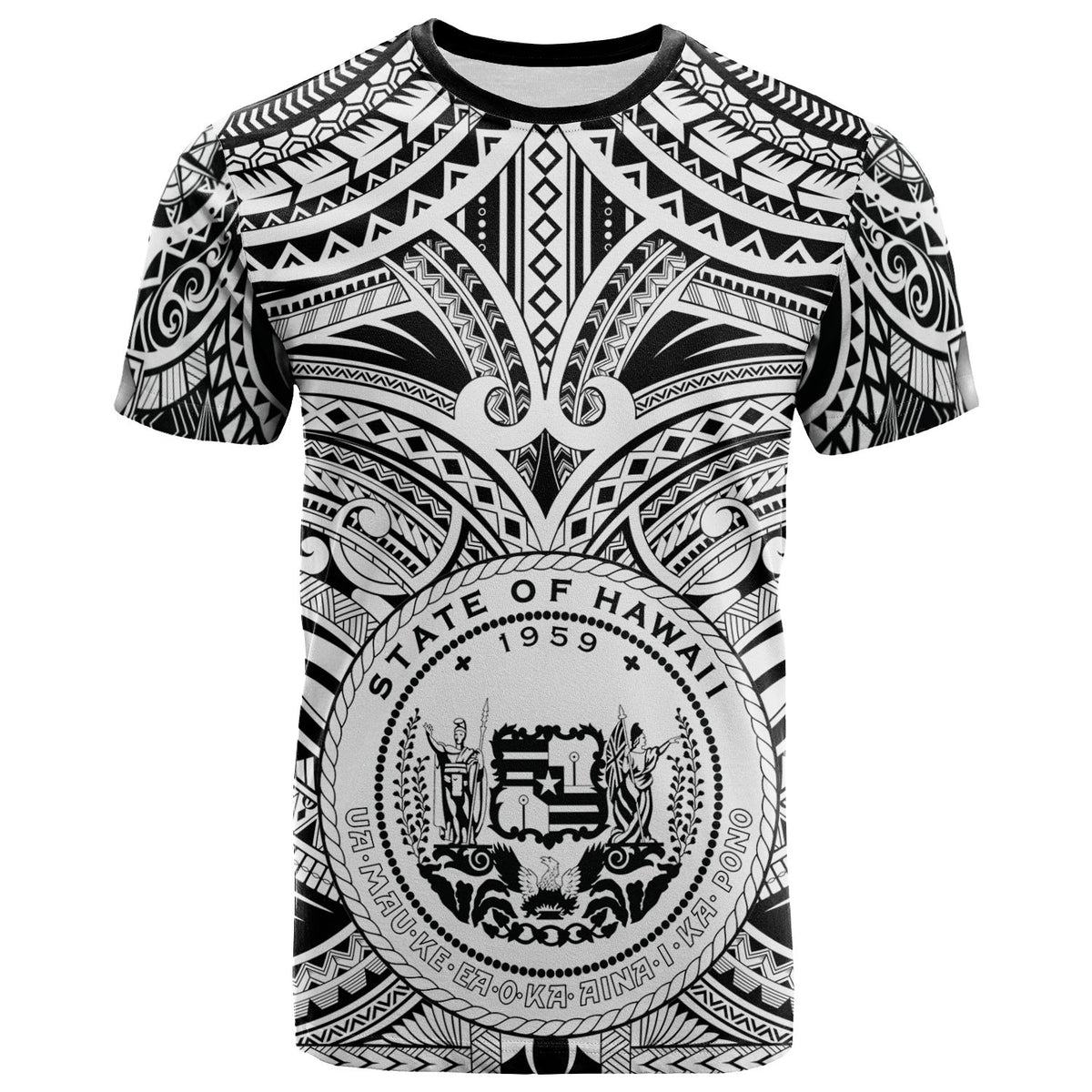 Hawaii T Shirt Coat of Arm Hawaii & Polynesian Tattoo Unisex White - Polynesian Pride