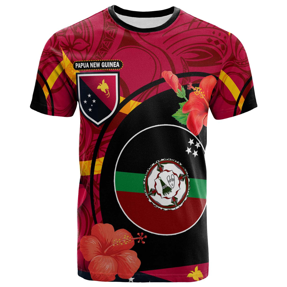 Papua New Guinea T Shirt East New Britain Flag of PNG with Hibicus and Polynesian Culture T Shirt Art - Polynesian Pride