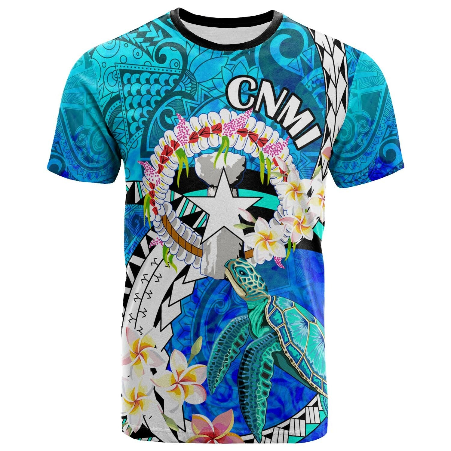Northern Mariana Islands T Shirt CNMI Polynesian Culture with Turtle and Plumeria T Shirt LT10 Blue - Polynesian Pride