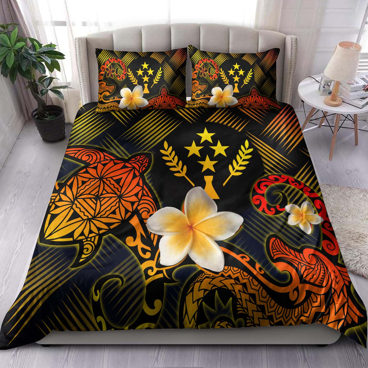 Kosrae Polynesian Bedding Set - Lauhala Turtle Plumeria Tropical Black - Polynesian Pride