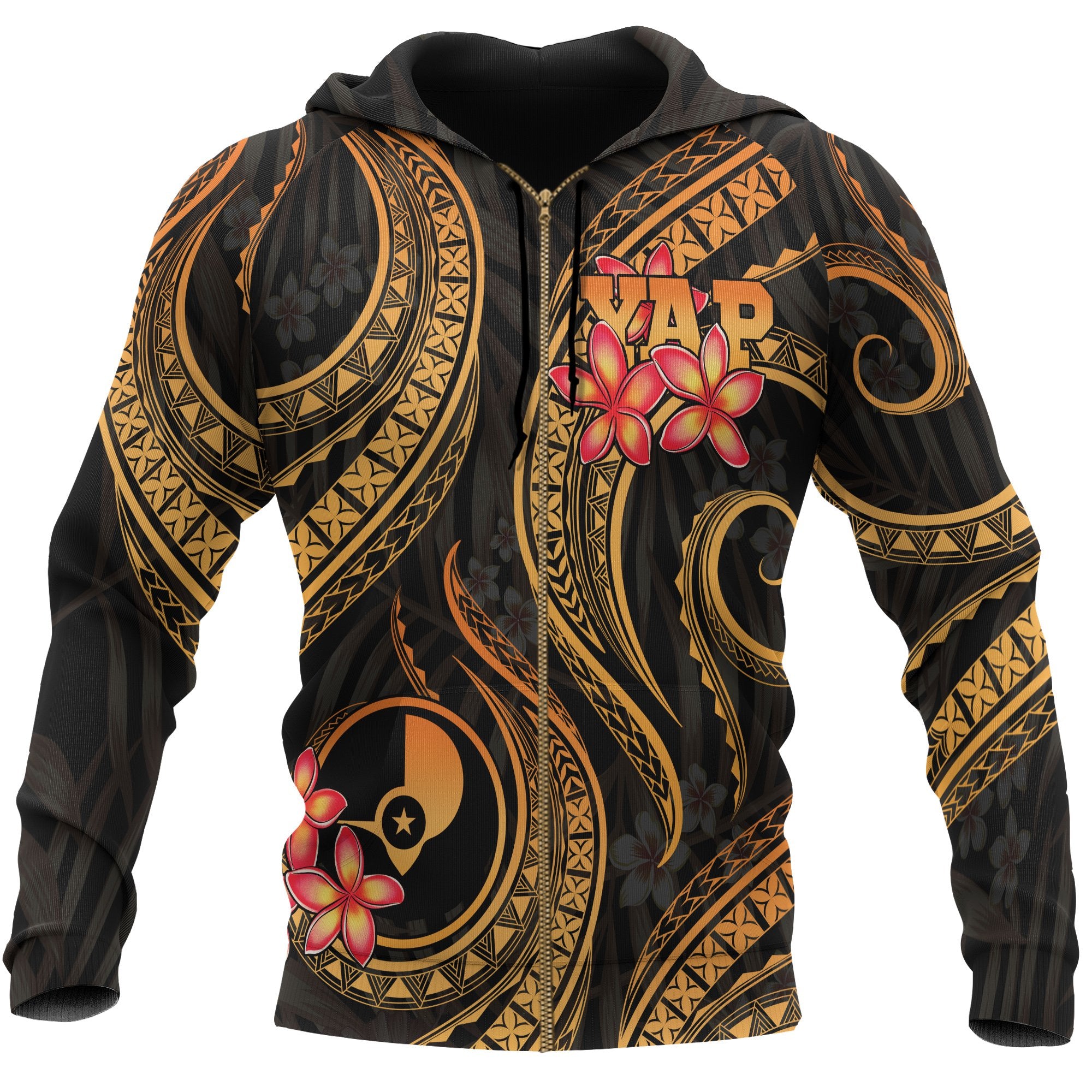 Yap Micronesian Zip up Hoodie Gold Plumeria Unisex GOLD - Polynesian Pride