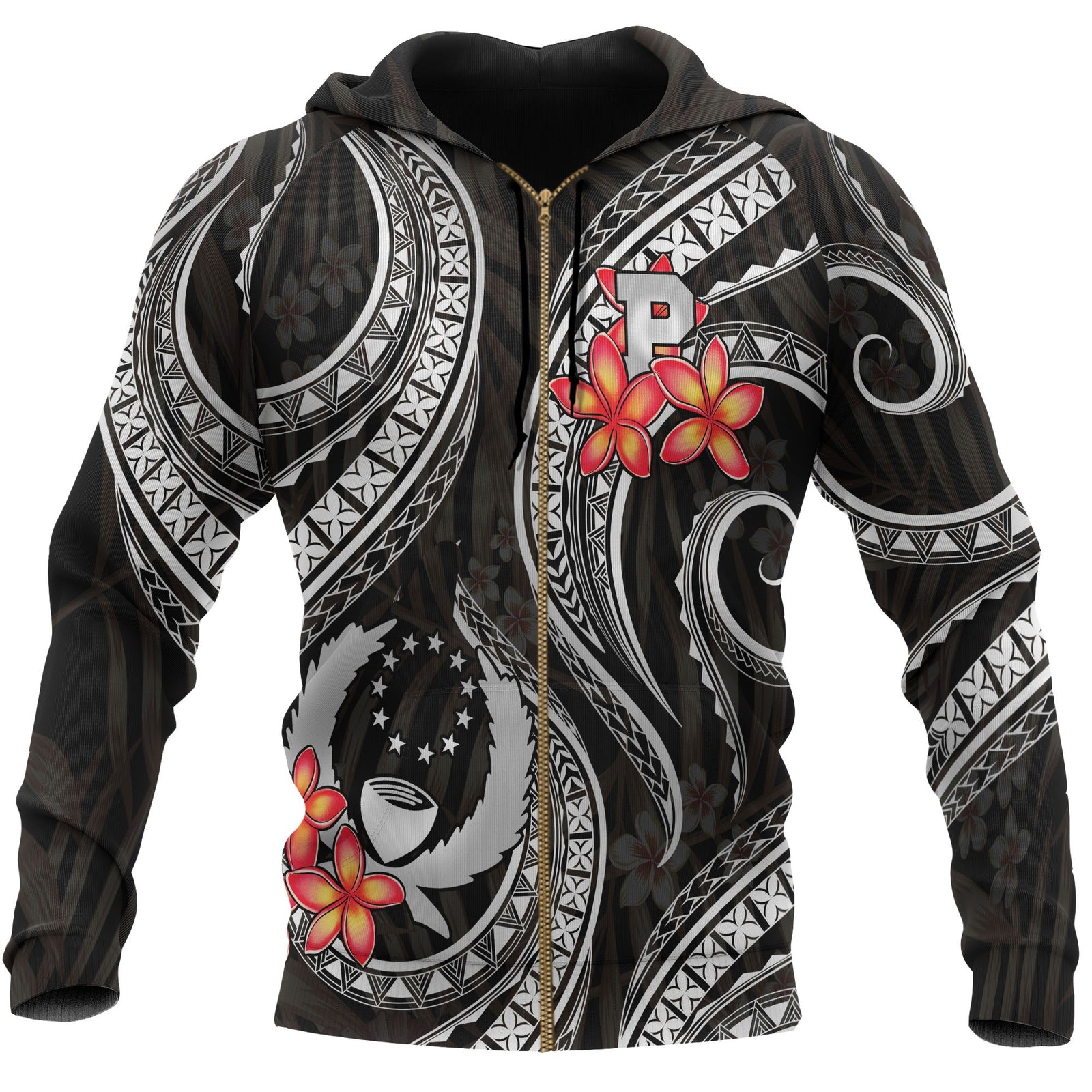 Pohnpei Micronesian Zip up Hoodie Black Plumeria Unisex BLACK - Polynesian Pride