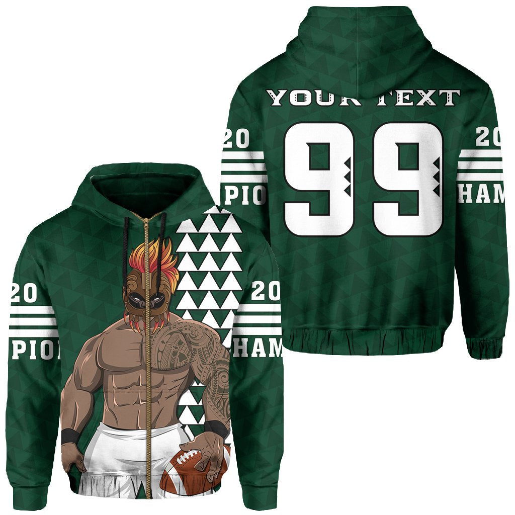 Personalize Hawaii Warrior Football Hoodie (Zipper) 2020 Champion AH Unisex Green - Polynesian Pride