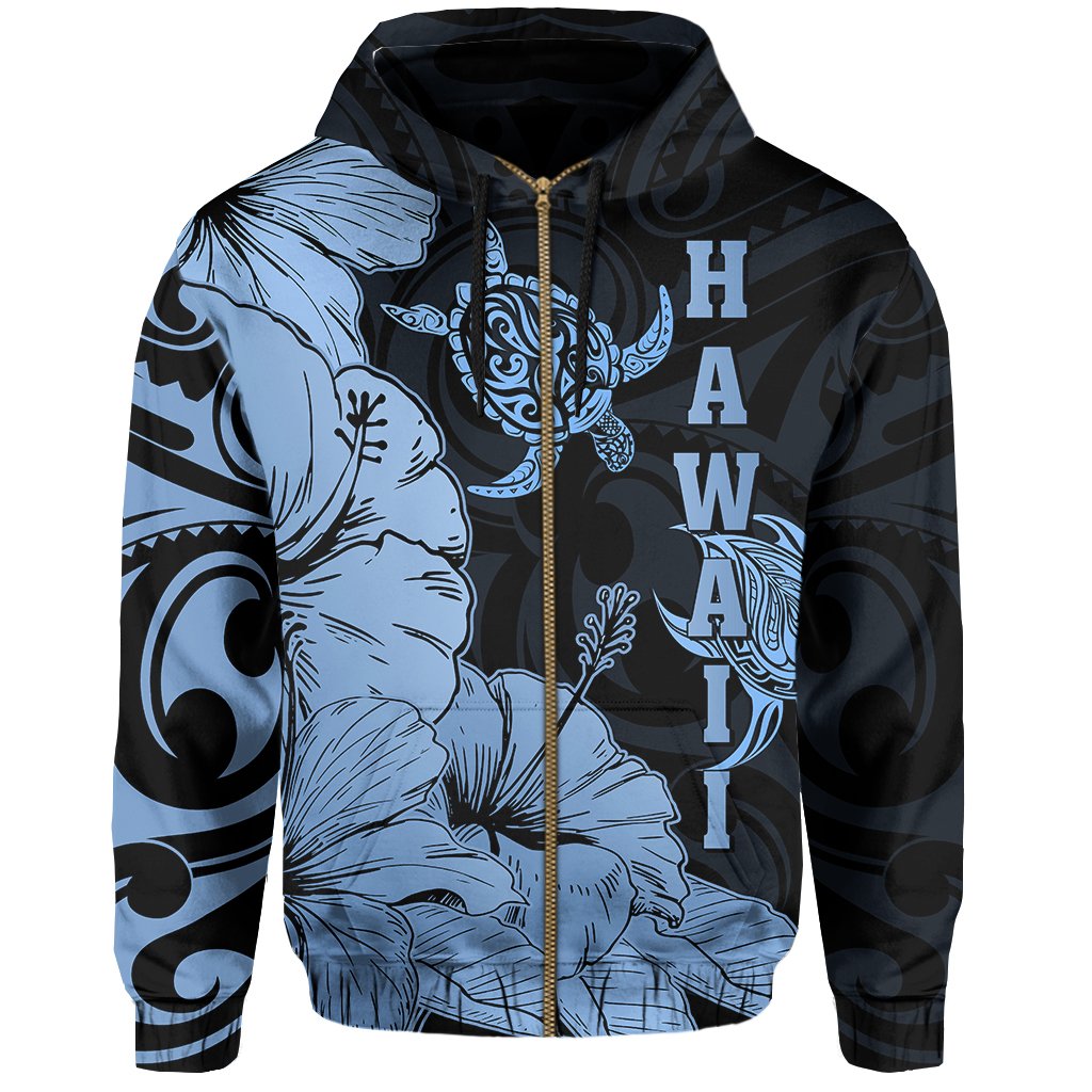 Hawaii Turtle Hoodie (Zipper) Polynesian Hibiscus Art Ver 2.0 Blue - Polynesian Pride