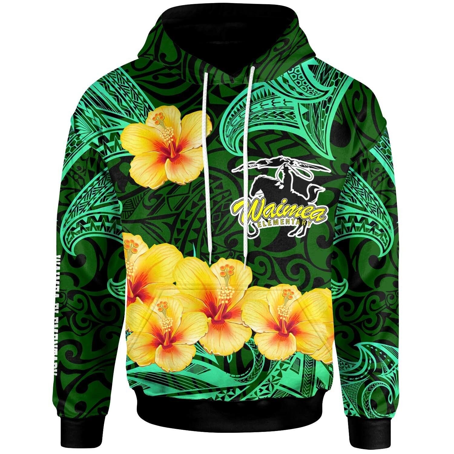 Hawaii Polynesian Hoodie Waimea Elementary School with Polynesian Patterns and Hibicus Flower LT10 Green - Polynesian Pride