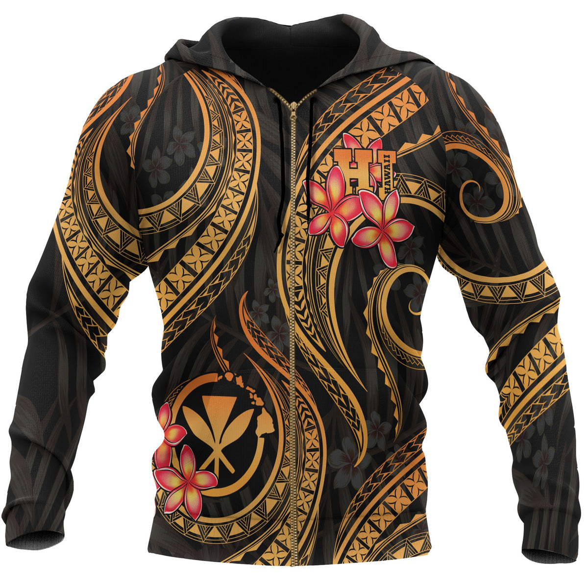 Polynesian Hawaii Zip up Hoodie Gold Plumeria Unisex GOLD - Polynesian Pride