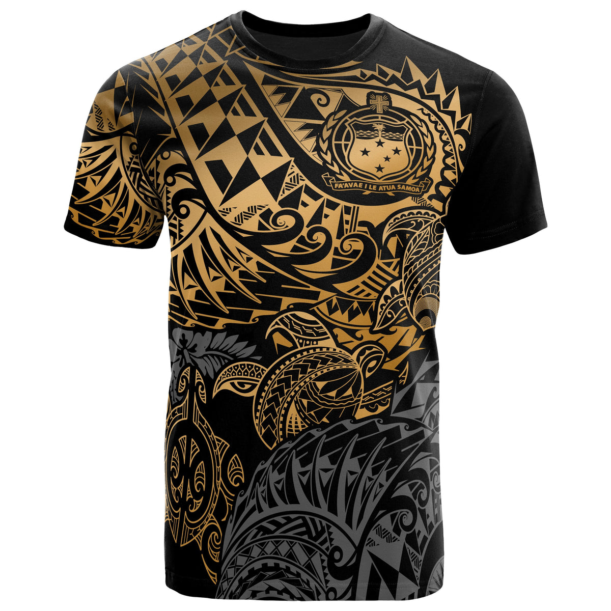 Samoa Polynesian T Shirt Samoa Coat Of Arms Gold Turtle Flowing Unisex Gold - Polynesian Pride