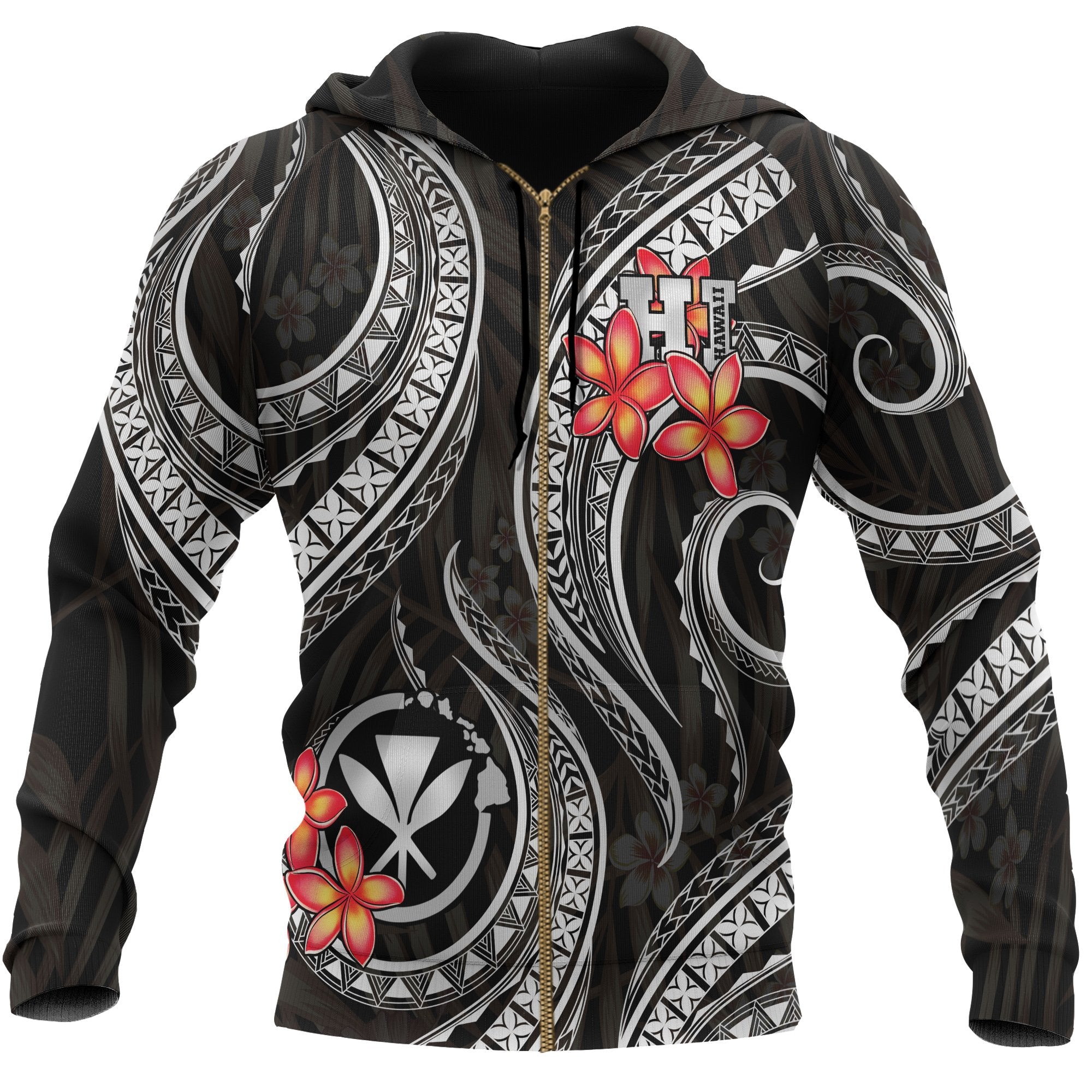 Polynesian Hawaii Zip up Hoodie Black Plumeria Unisex BLACK - Polynesian Pride