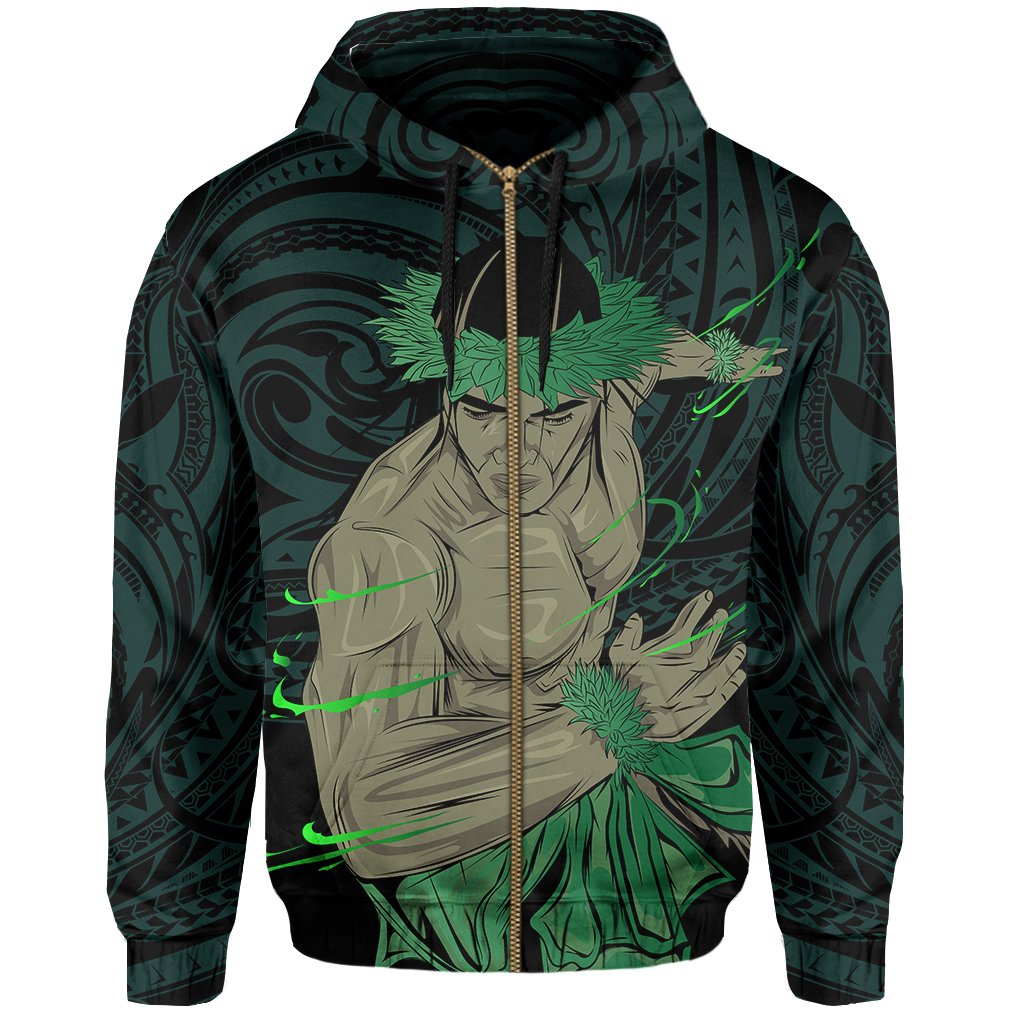 Polynesian Hula Man Helmet Hawaii Zip Hoodie Turquoise - Polynesian Pride