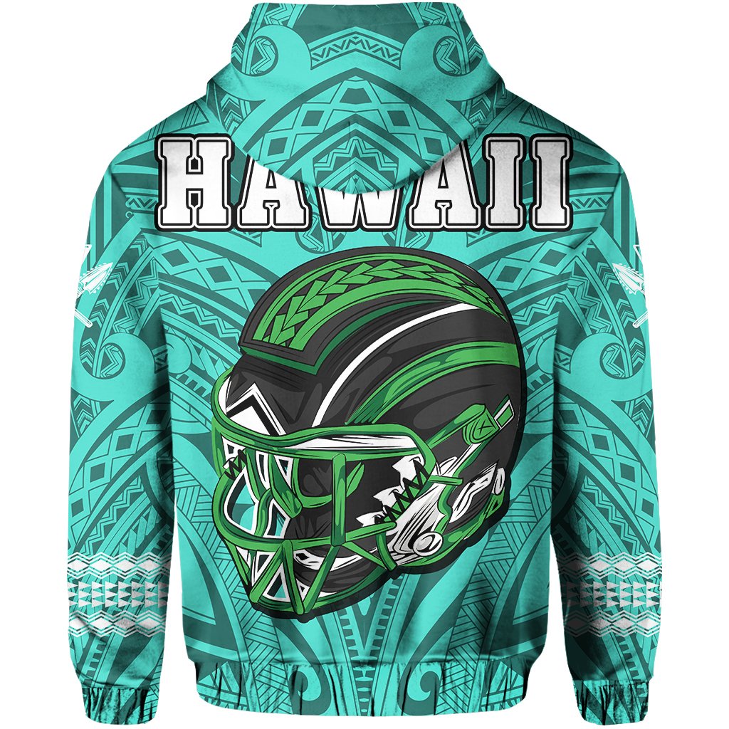Polynesian Warrior Helmet Football Kanaka Kakau Hawaii Zip Hoodie Turquoise - Polynesian Pride