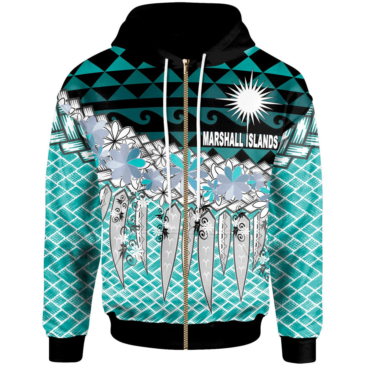 Marshall Islands Zip Hoodie Coconut Leaves Weave Pattern Blue Unisex Blue - Polynesian Pride