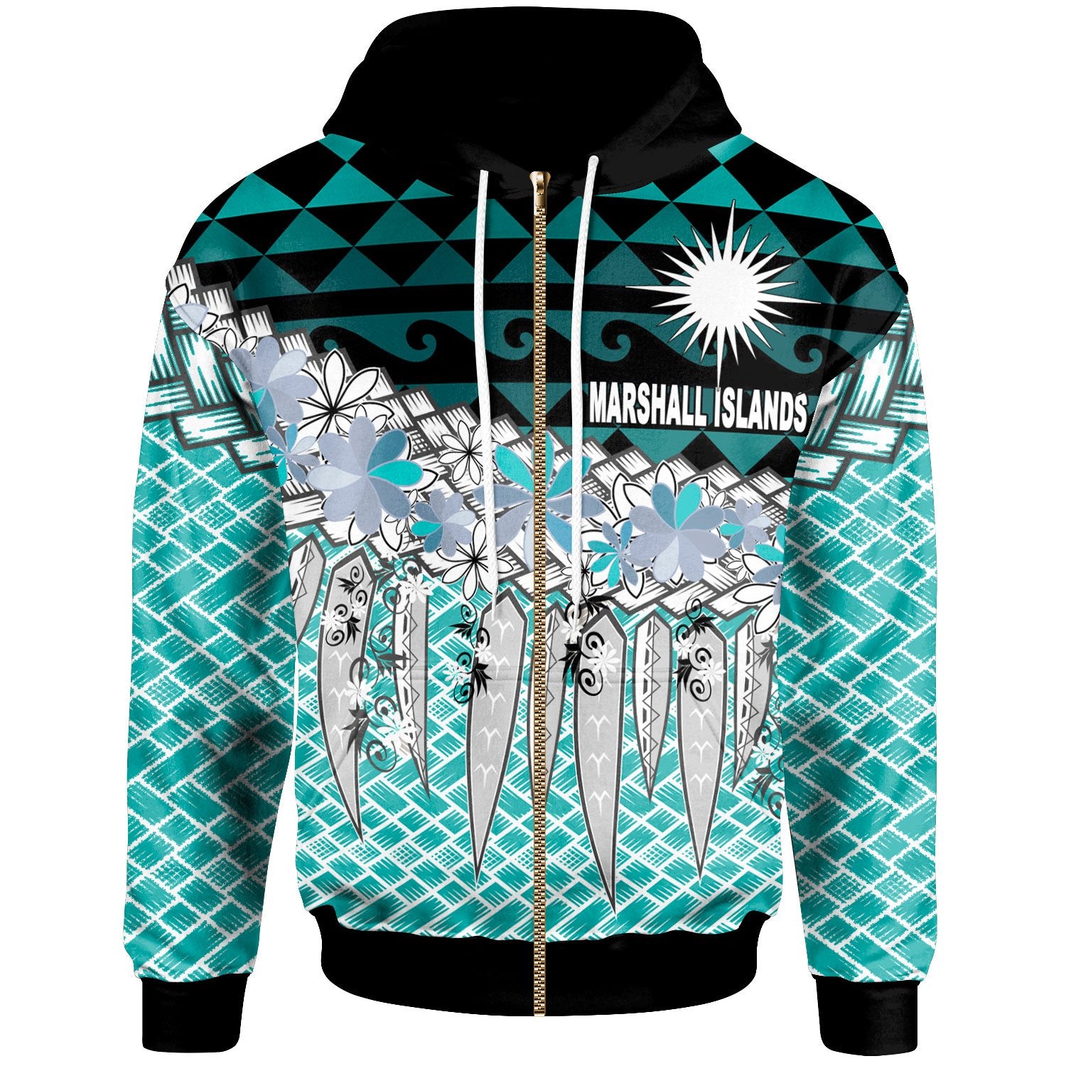 Marshall Islands Zip Hoodie Coconut Leaves Weave Pattern Blue Unisex Blue - Polynesian Pride