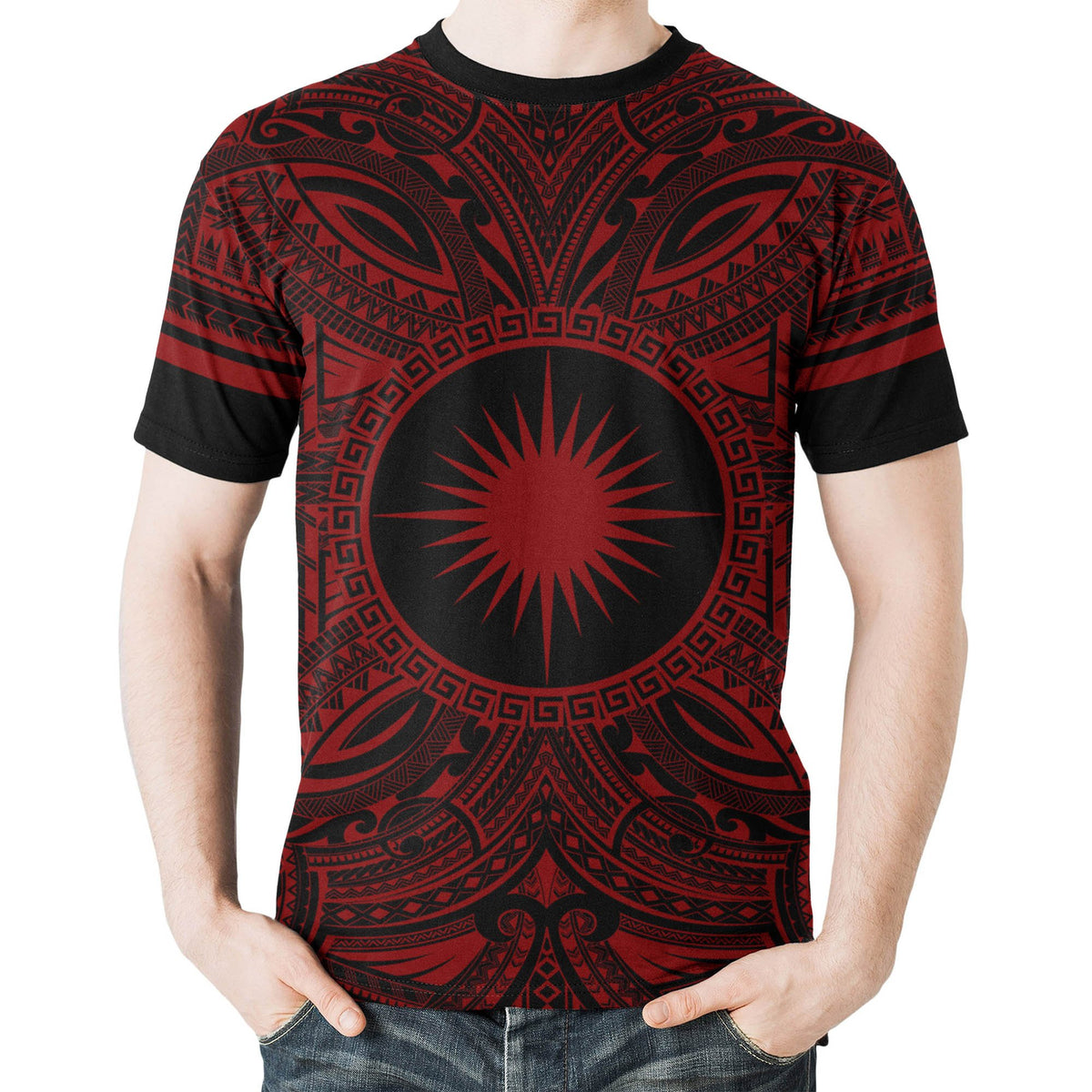 Marshall Islands All T Shirt Marshall Islands Coat Of Arms Polynesian Red Black - Polynesian Pride