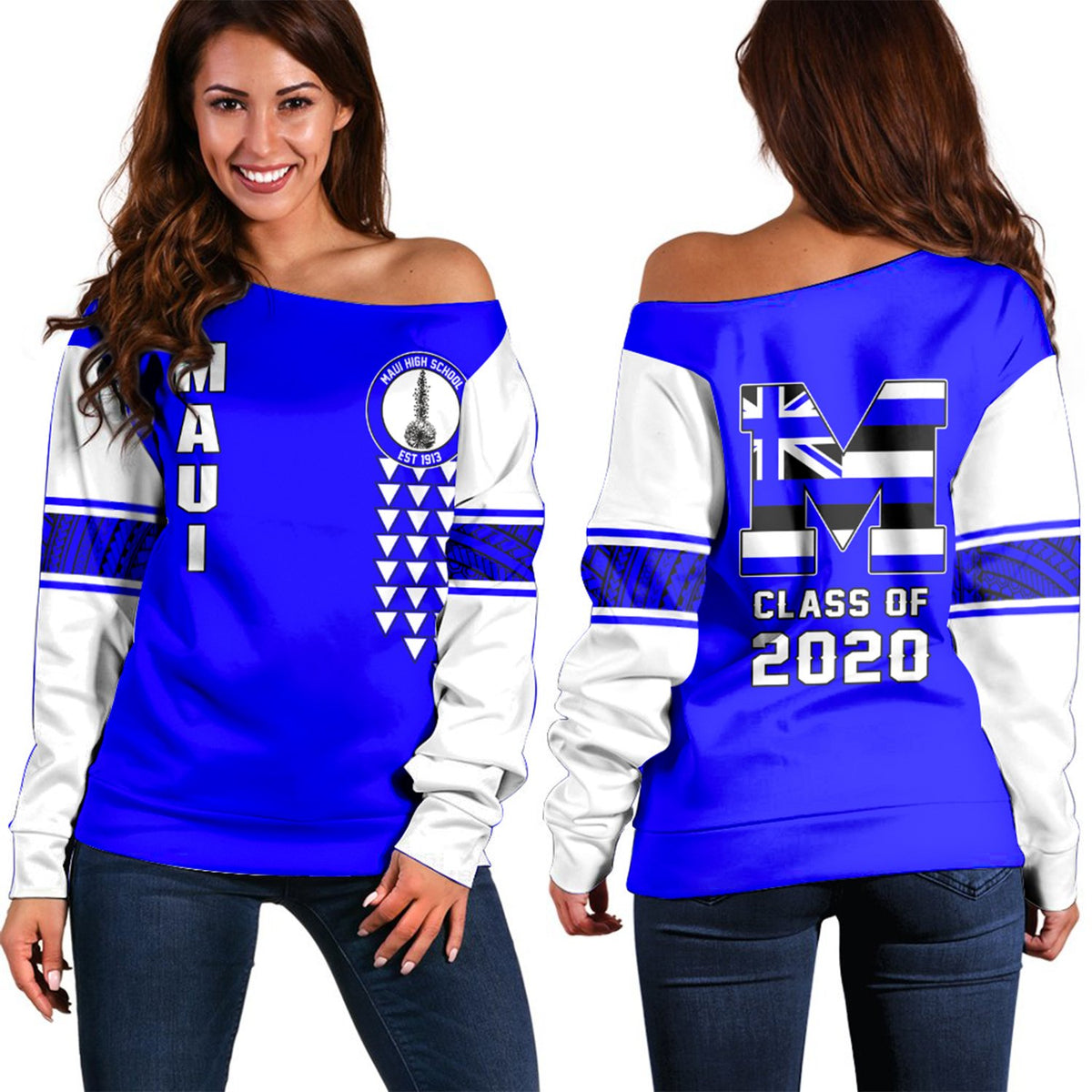 (Personalised) Hawaii - Maui High Custom Your Class Women's Off Shoulder Sweatshirt AH Blue - Polynesian Pride