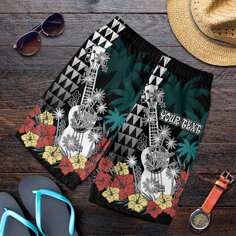 (Custom Personalised) Hawaii Ukulele Mix Hibiscus and Coconut Tree Men Short Aloha Vintage Black Version LT9 Black - Polynesian Pride