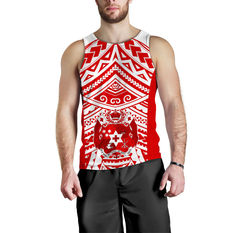 Tonga Rugby Sevens Men Tank Top Coat of Arms Tribal Polynesian Pattern LT9 Red - Polynesian Pride