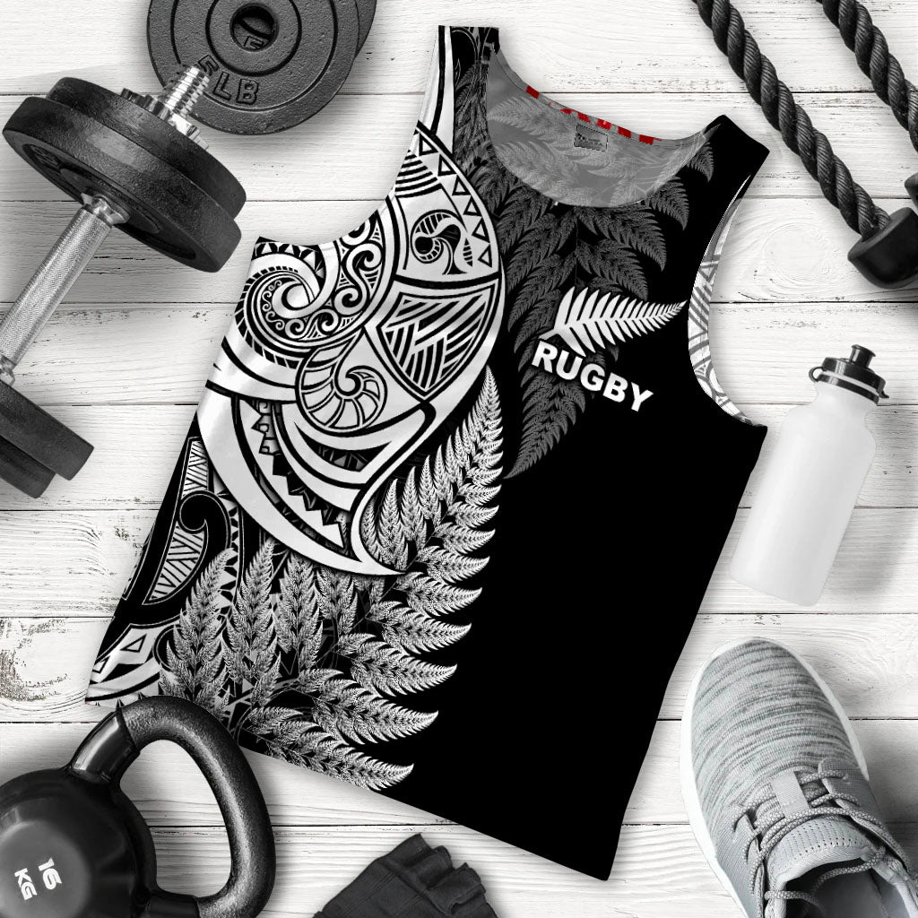Maori Rugby Men Tank Top Tattoo Mix Fern Leaf LT6 Black - Polynesian Pride