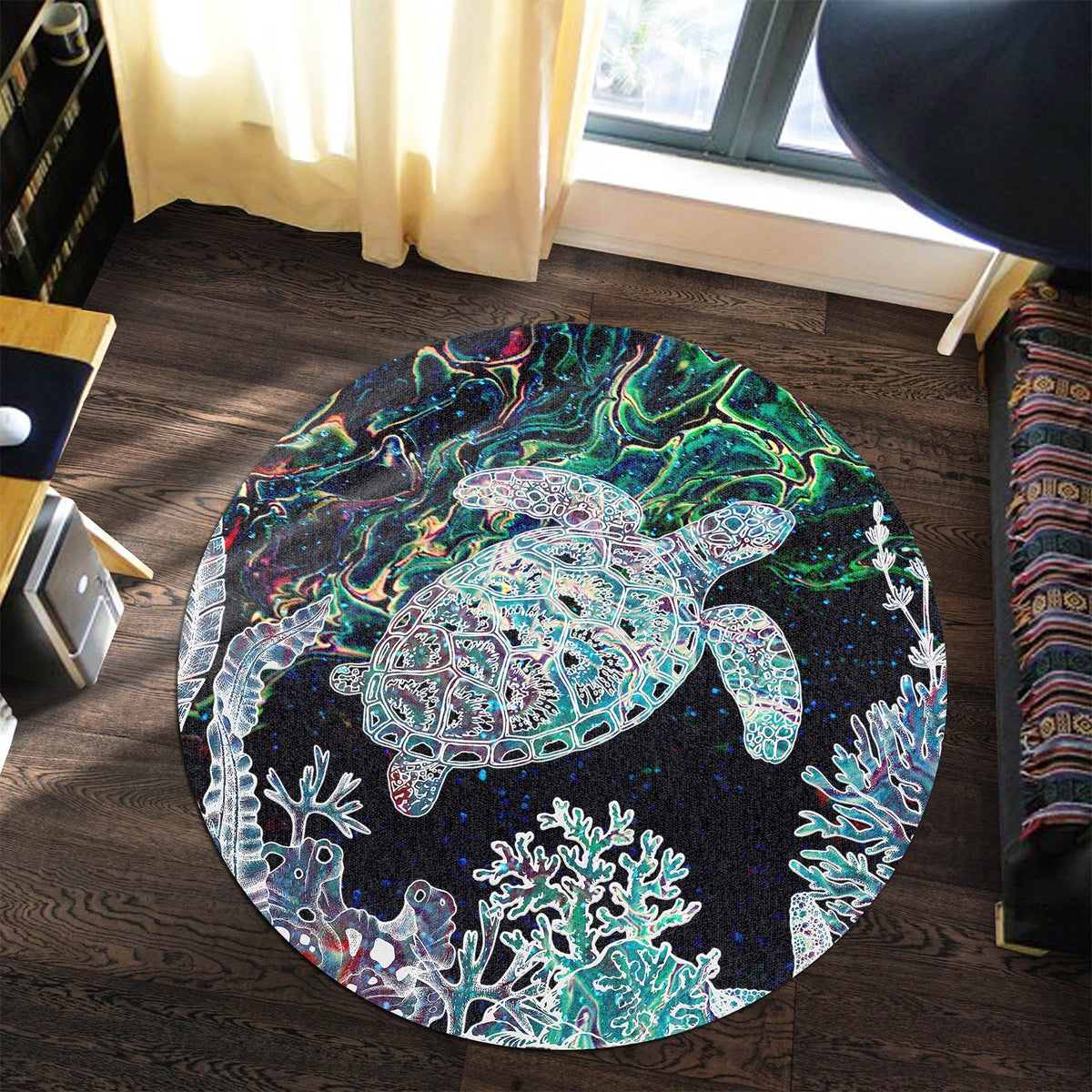 Hawaii Turtle Corals Shell Background Round Carpet - AH - Polynesian Pride