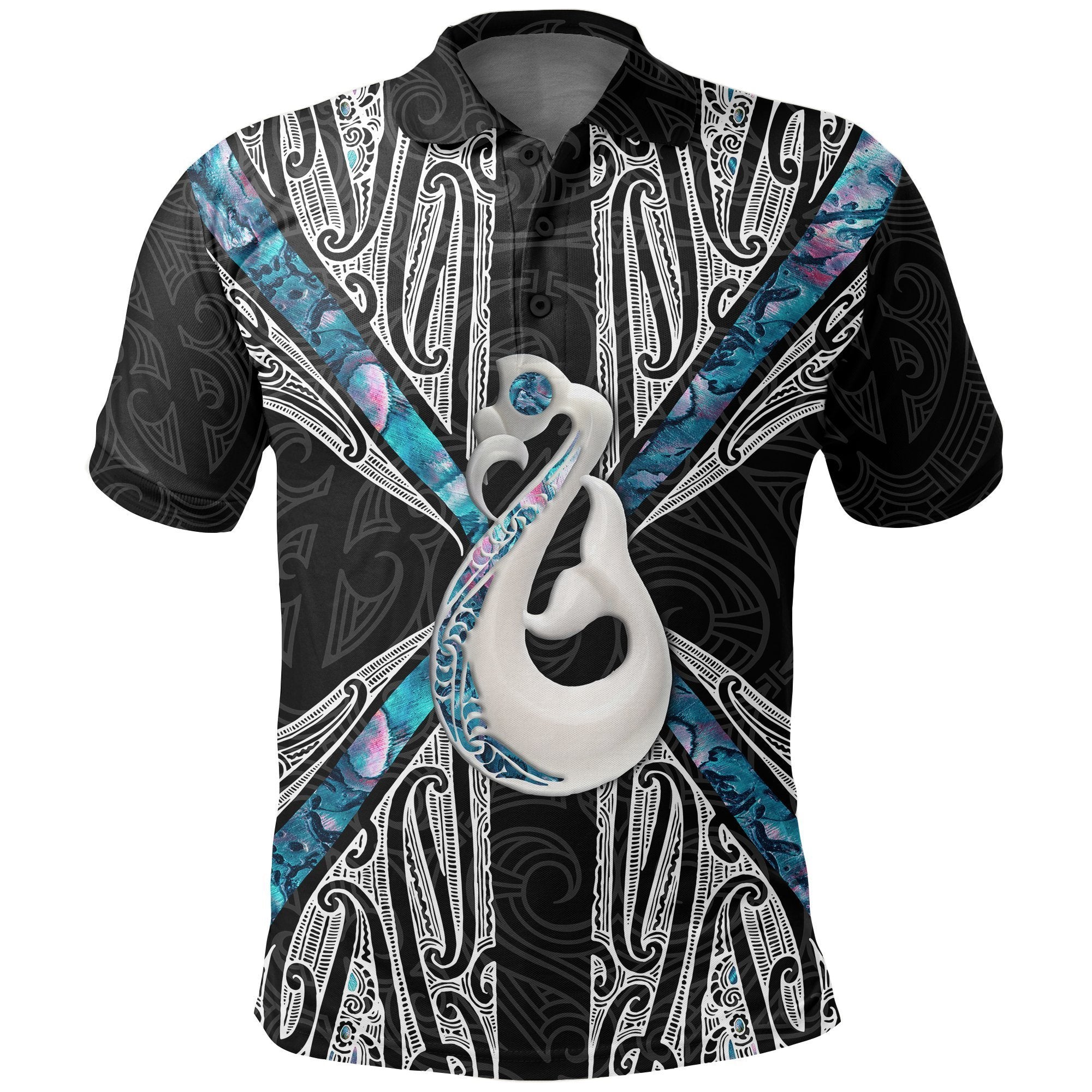 Maori Moko Tattoo Polo Shirt, Manaia Paua Shell Golf Shirts Unisex Black - Polynesian Pride