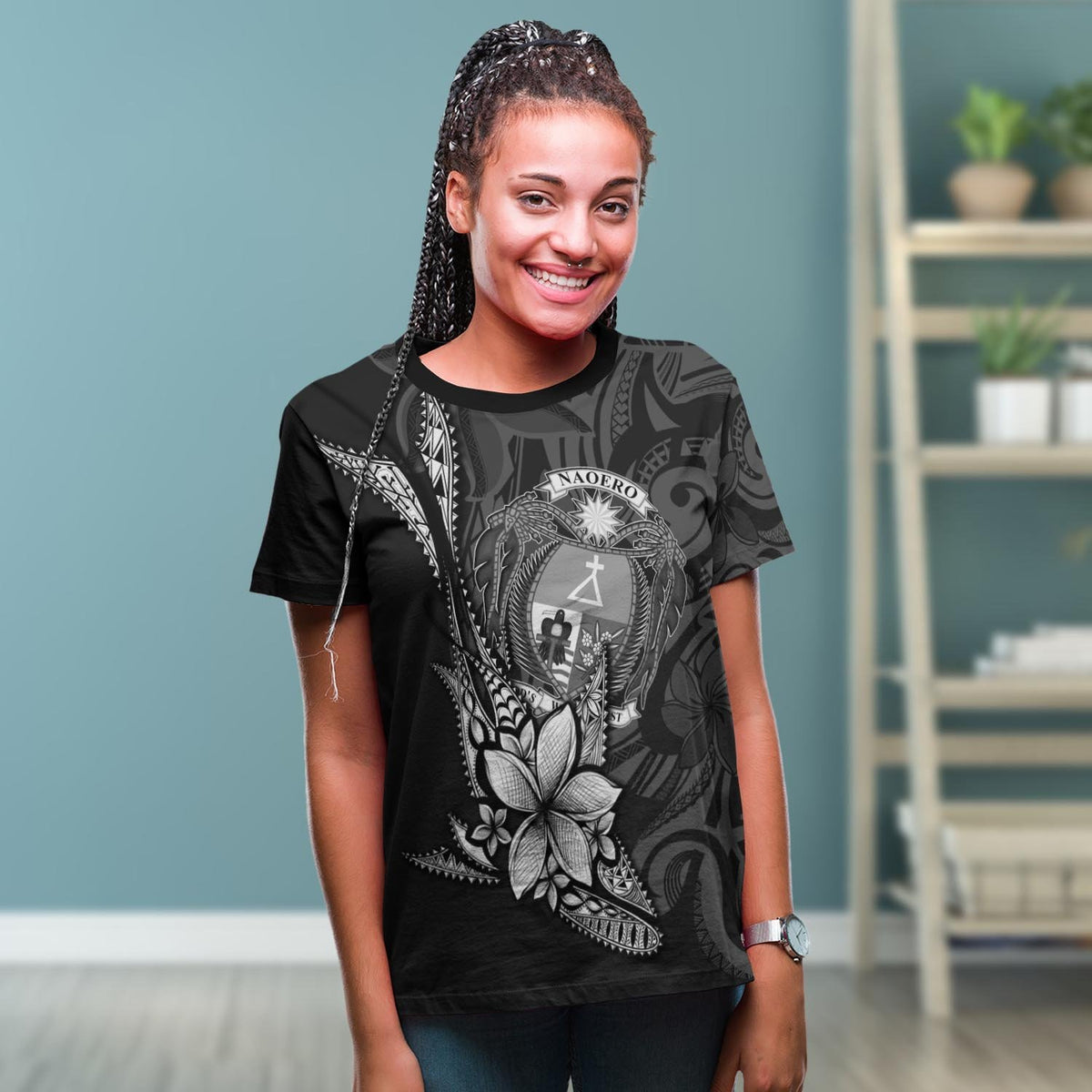 Nauru T Shirt Fish With Plumeria Flowers Style - Polynesian Pride