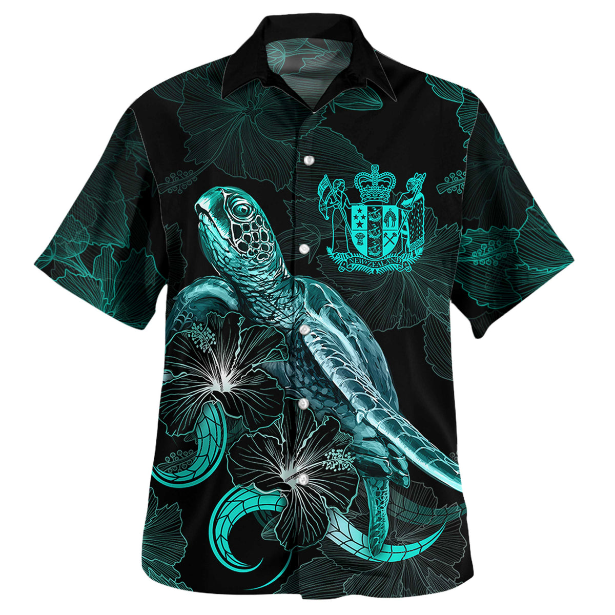 New Zealand Matching Dress and Hawaiian Shirt New Zealand Coat Of Arms with with Turtle and Blooming Hibiscus Turquoise - Polynesian Pride