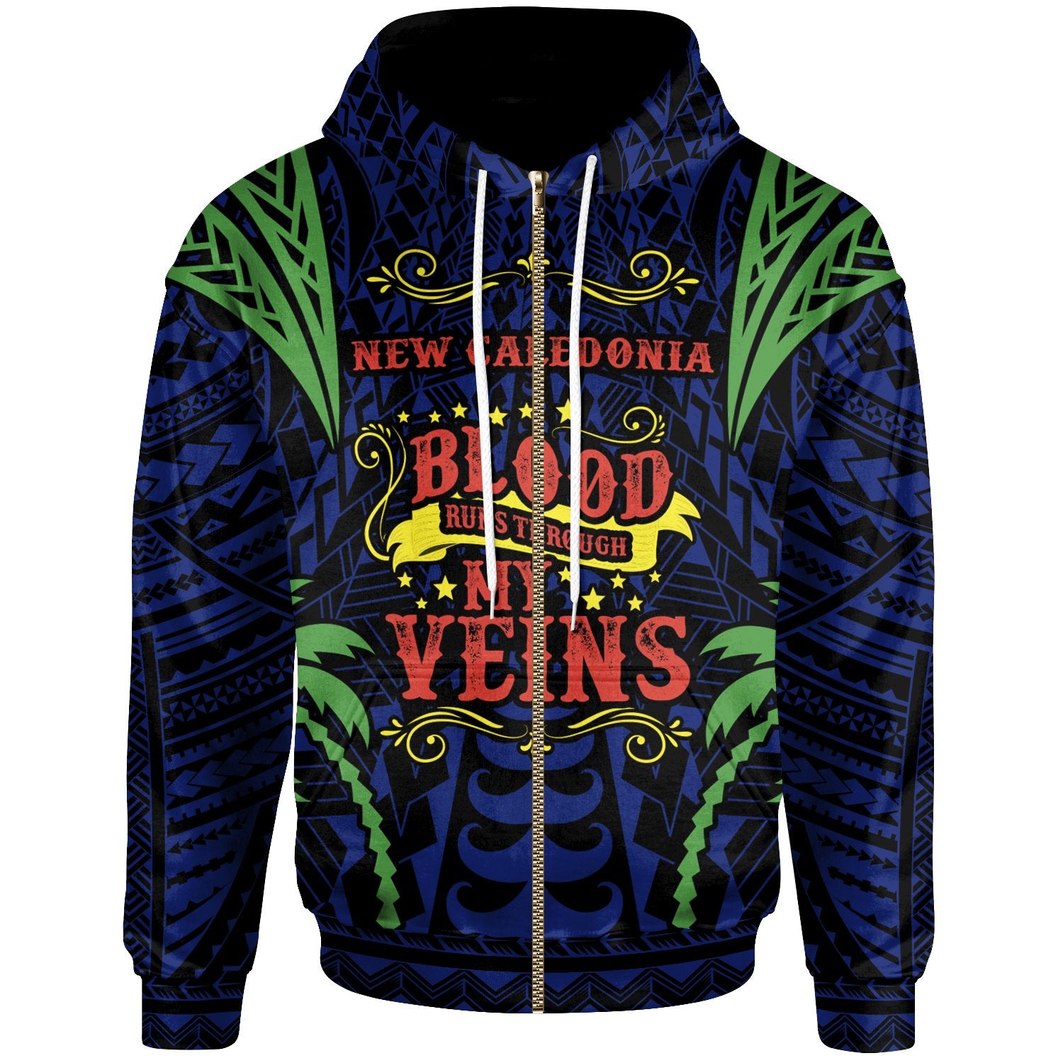 New Caledonia Zip up Hoodie Blood Runs Through My Veins Style Flag Unisex Blue - Polynesian Pride