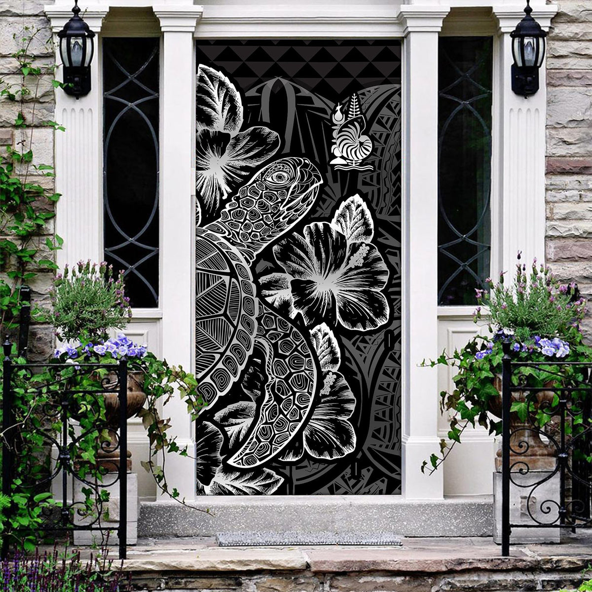 New Caledonia Door Cover Turtle Hibiscus Black Black - Polynesian Pride