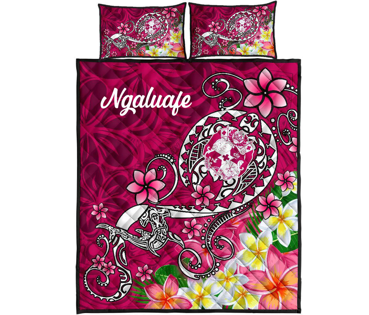 (Ngaluafe) Tonga Quilt Bed Set - Turtle Plumeria (Pink) LT8 - Polynesian Pride