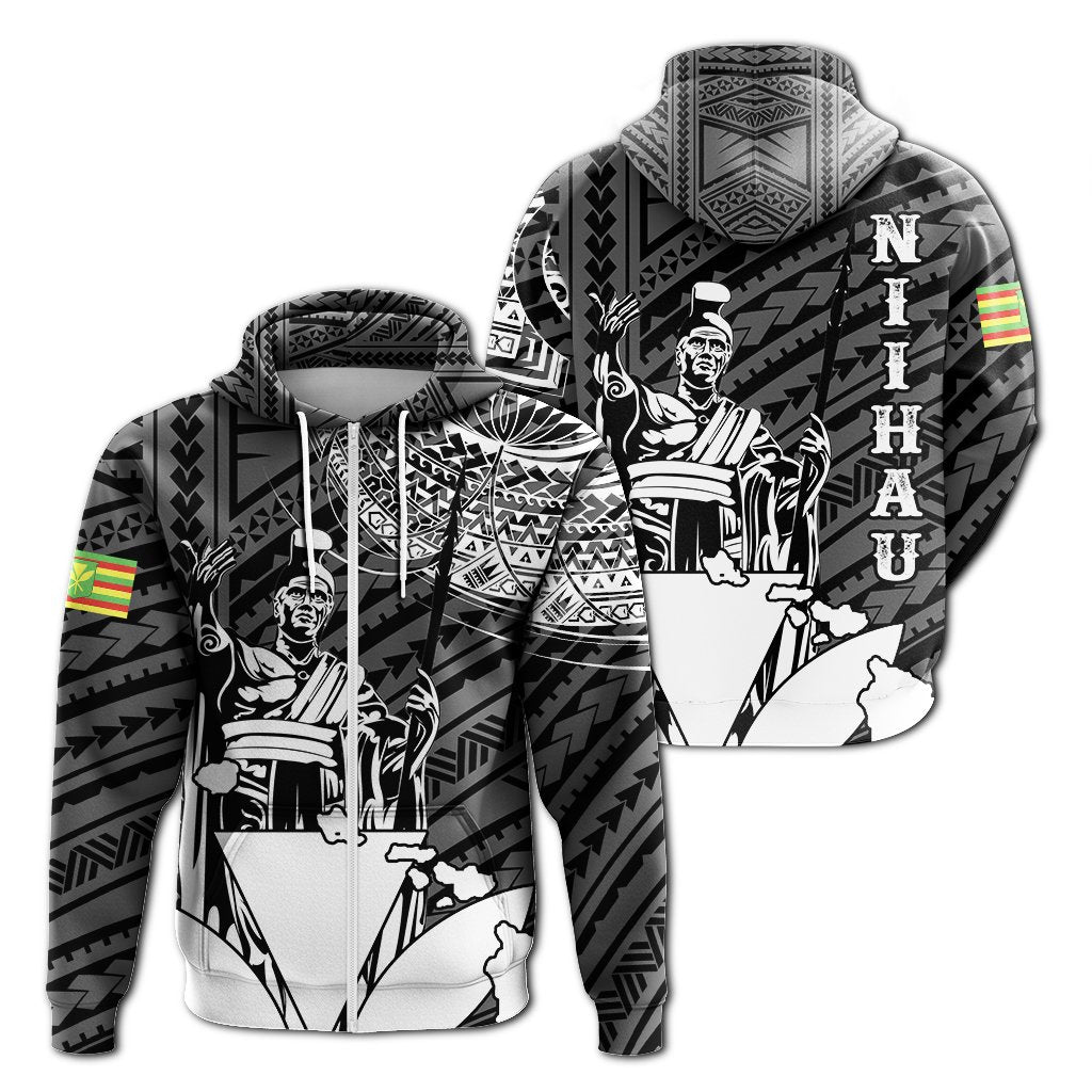 Hawaiian King Kanaka Map Polynesian Niihau Hoodie Zip White Hala Style Unisex White - Polynesian Pride