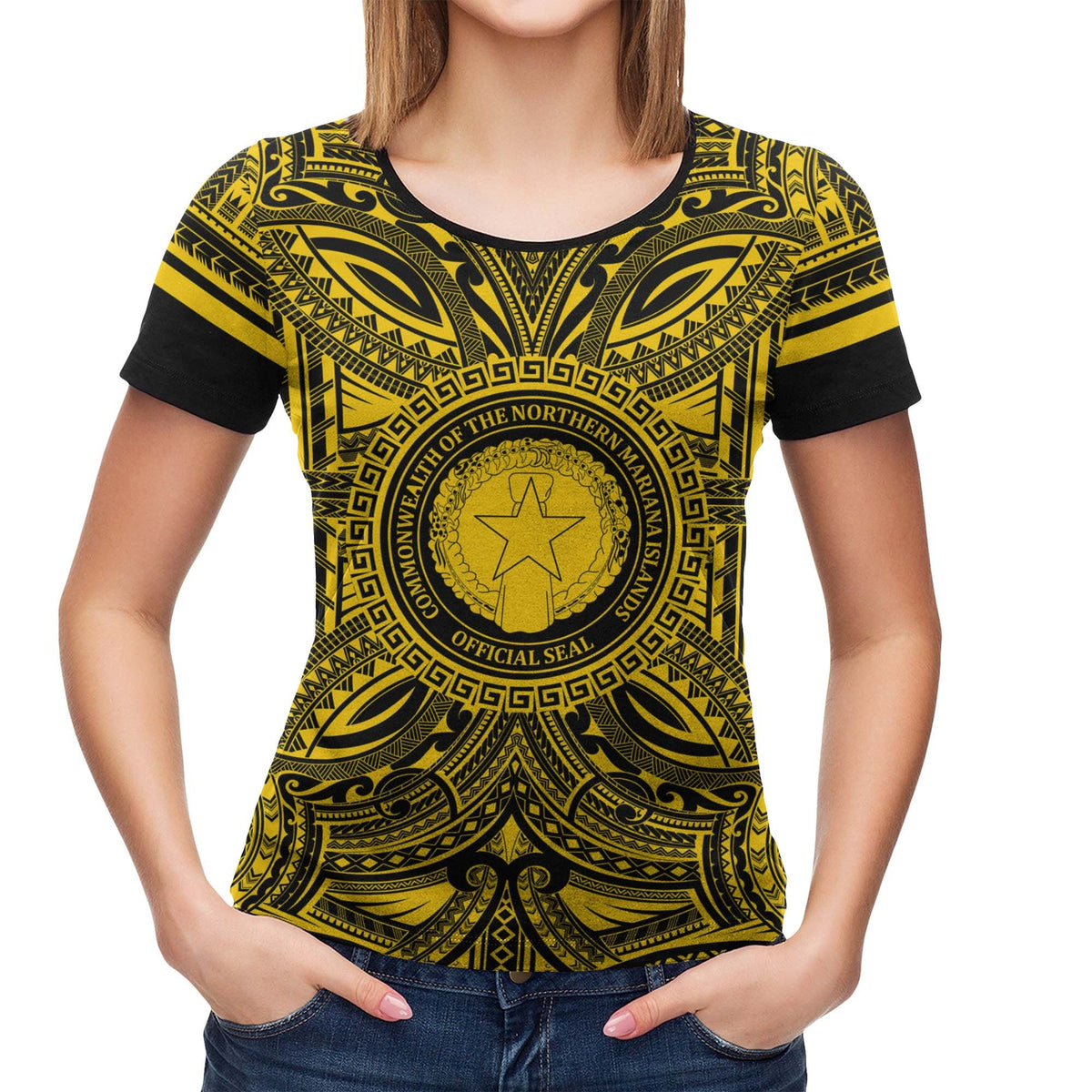 Northern Mariana Islands All T Shirt Northern Mariana Islands Coat Of Arms Polynesian Gold Black - Polynesian Pride