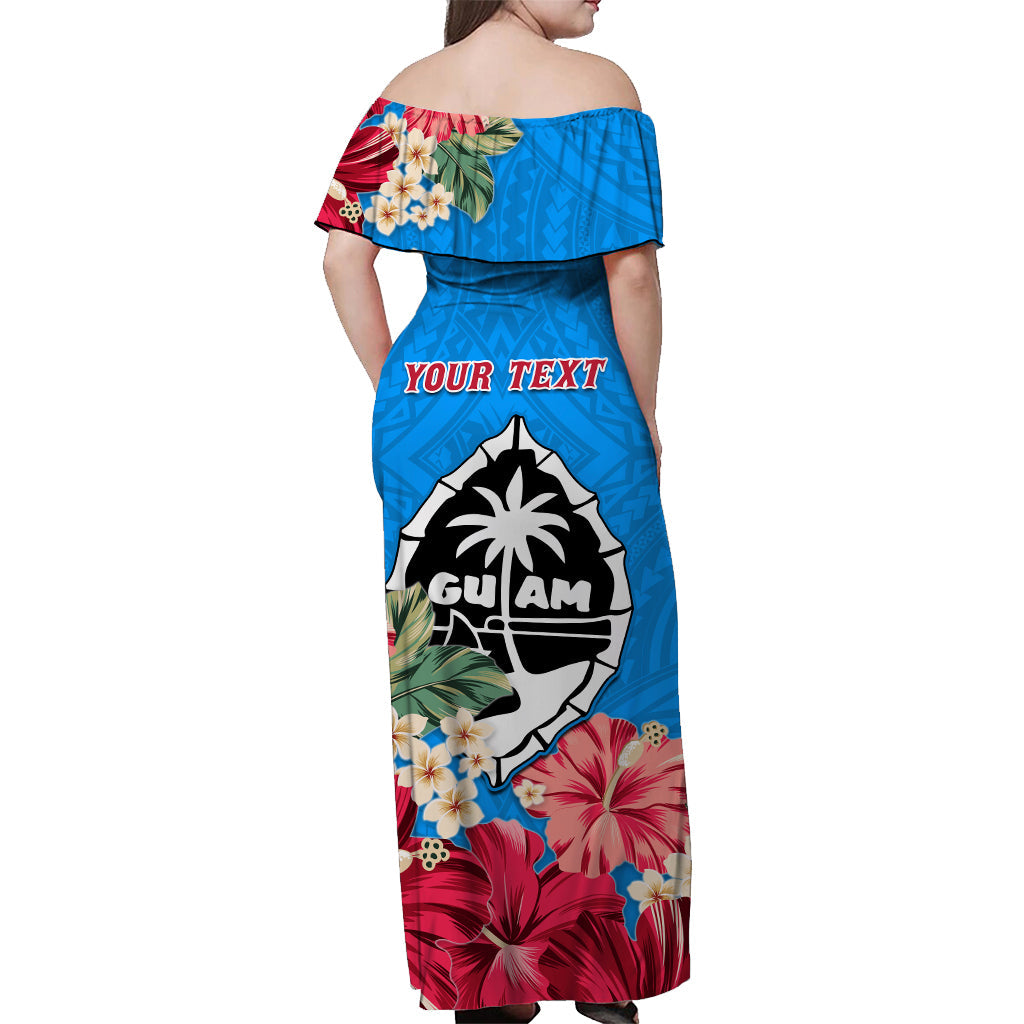 (Custom Personalised) Guam Chamorro Off Shoulder Long Dress Latte Stone Flowers Style Blue LT13 - Polynesian Pride