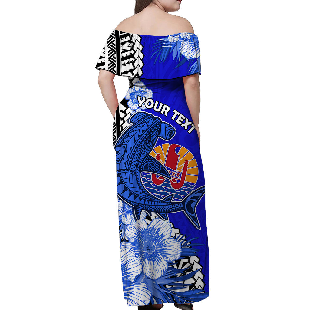 (Custom Personalised) Tahiti Islands Off Shoulder Long Dress Polynesian Shark Mix Tropical Flowers Blue Style LT14 - Polynesian Pride