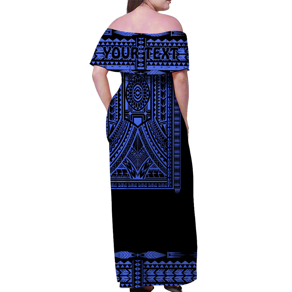 (Custom Personalised) Polynesian Off Shoulder Long Dress Dashiki With Polynesian Tattoo Royal Blue Version LT14 - Polynesian Pride