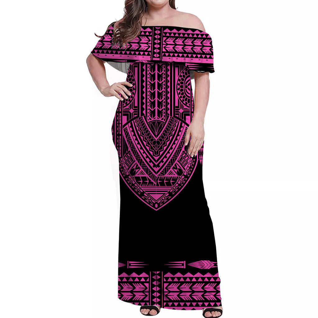 (Custom Personalised) Polynesian Off Shoulder Long Dress Dashiki With Polynesian Tattoo Royal Pink Version LT14 Women Pink - Polynesian Pride