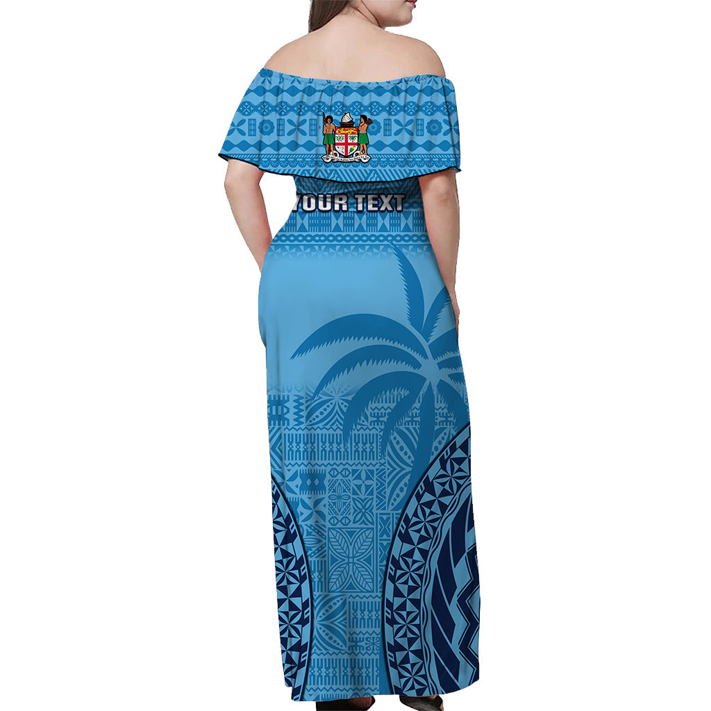 (Custom Personalised) Fiji University Off Shoulder Long Dress National Fijian Tapa Pattern Blue LT14 - Polynesian Pride