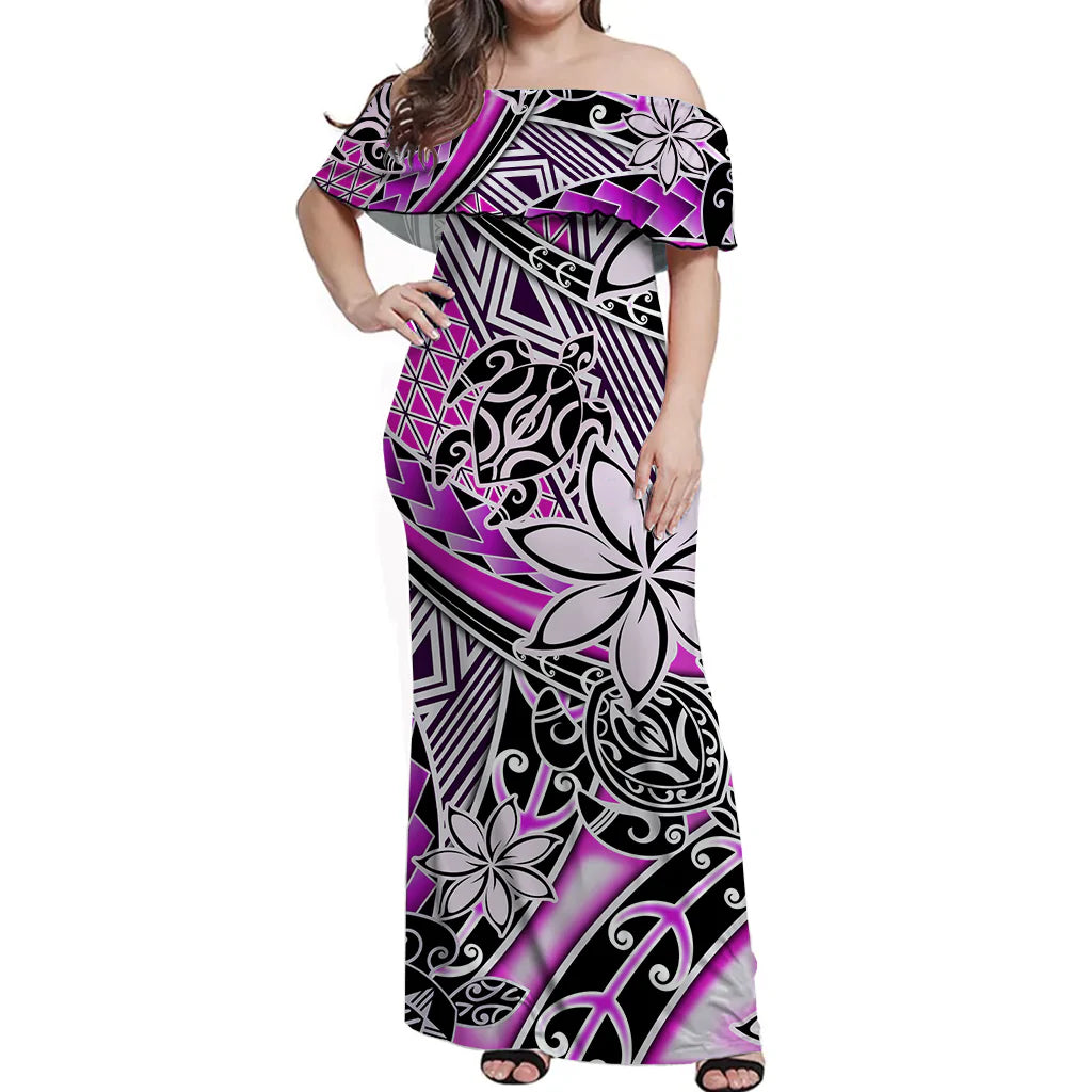 (Custom Personalised) Hawaii Off Shoulder Long Dress Tribal Plumeria With Polynesian Turtle Ver.02 LT14 Women Purple - Polynesian Pride