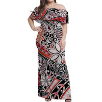 (Custom Personalised) Hawaii Off Shoulder Long Dress Tribal Plumeria With Polynesian Turtle Ver.03 LT14 Women Red - Polynesian Pride