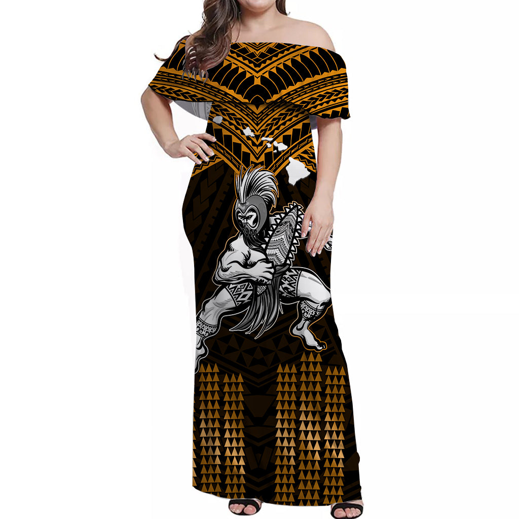 (Custom Personalised) Hawaii Off Shoulder Long Dress Hawaiian Warrior With Weapon Polynesian Ver.07 LT14 Women Gold - Polynesian Pride