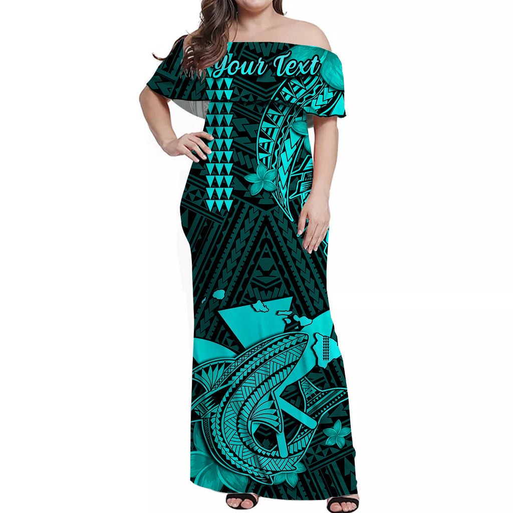 (Custom Personalised) Hawaii Off Shoulder Long Dress Kakau Kanaka Maoli Combine Polynesian Shark Ver.04 LT14 Women Turquoise - Polynesian Pride